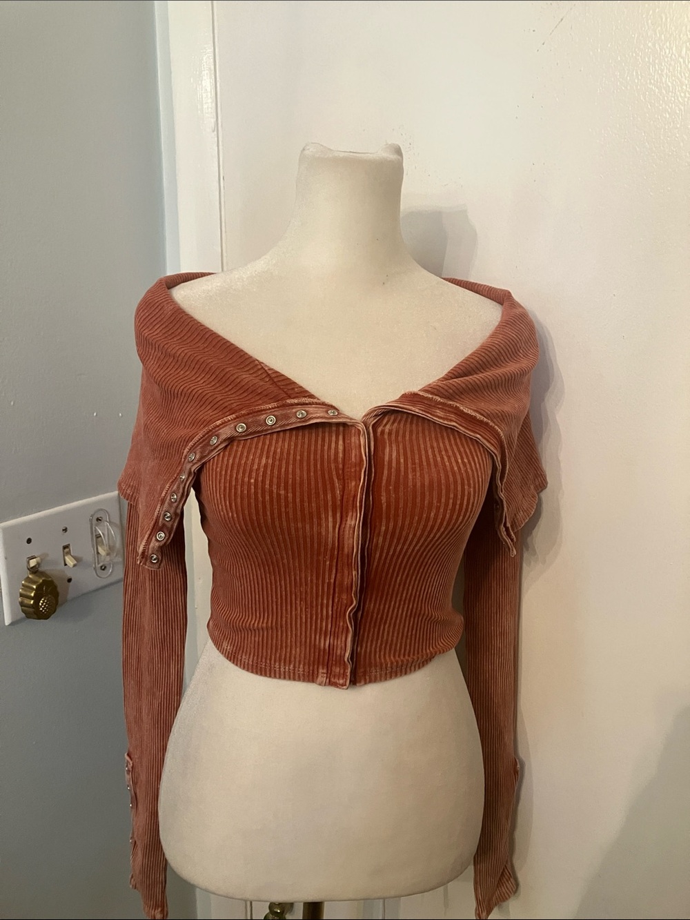 Off-Shoulder Ribbed Corduroy Crop Top in Rust